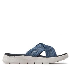 Klapki Skechers. Niebieskie klapki damskie Skechers, bez wzorów, bez obcasa. Za 229.99 zł.