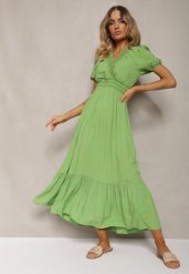 Jasnozielona Boho Sukienka z Bawełny o Kopertowym Fasonie Rissatina. Zielone sukienki damskie Renee, do pracy, s, bez wzorów, z bawełny, biznesowe, bez kołnierzyka, bez ramiączek, midi, kopertowe. Za 49.99 zł.