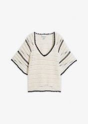 Sweter ażurowy z lnem. Białe swetry damskie bonprix, na wiosnę, w ażurowe wzory, z bawełny, bez kołnierzyka, bez ramiączek, krótkie, bez kaptura. Za 127.99 zł.