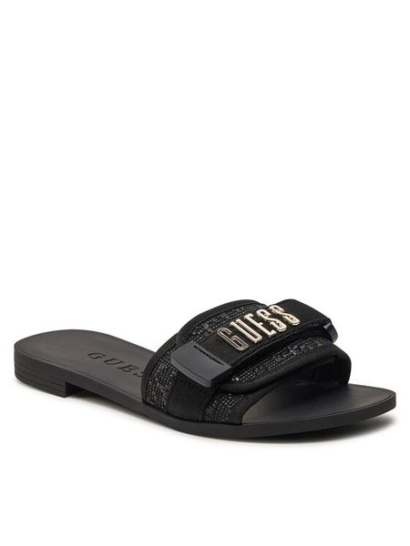 Guess Klapki Elyze3 FLGEL3 ELE19 Czarny. Czarne klapki damskie Guess, z aplikacjami, z materiału, bez obcasa. Za 329.99 zł.