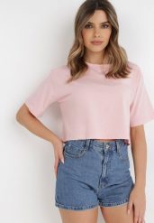 Jasnoróżowy T-shirt Rheniala. Czerwone bluzki damskie Born2be, l, bez wzorów, z bawełny, bez kołnierzyka. Za 29.99 zł.