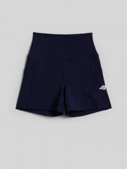 4F Legginsy krótkie tenisowe damskie - granatowe S. Niebieskie legginsy damskie 4f, s, bez wzorów, z włókna, z podwyższonym stanem, krótkie, na fitness i siłownię. Za 79.99 zł.