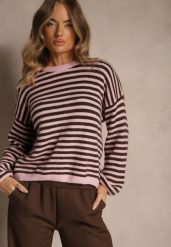 Różowy Oversizowy Sweter w Paski z Domieszką Wełny i Wiskozy Tidania. Czerwone swetry damskie Renee, bez wzorów, z dzianiny, casualowe, bez kołnierzyka, bez ramiączek, bez kaptura. Za 139.99 zł.