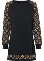 Sukienka dresowa z nadrukiem. Czarne sukienki damskie bonprix, bez wzorów, z dresówki, bez kołnierzyka, bez ramiączek. Za 124.99 zł.