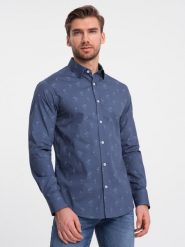 Klasyczna męska bawełniana koszula SLIM FIT w palmy - ciemnoniebieska V5. Niebieskie koszule męskie Ombre Clothing, m, bez wzorów, z bawełny, klasyczne, bez kołnierzyka, bez ramiączek. W wyprzedaży za 69.99 zł.