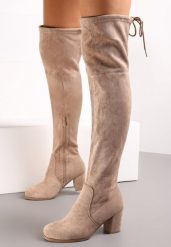 Ciemnobeżowe Kozaki ze Ściąganą Cholewką za Kolano na Słupku Alicva. Brązowe kozaki damskie Renee, za kolano, bez obcasa, na obcasie. Za 169.99 zł.