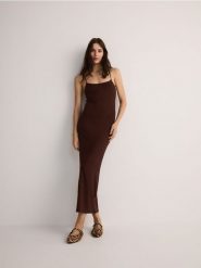 Sukienka maxi na ramiączkach z modalu - ciemnobrązowy. Brązowe sukienki damskie Reserved, l, bez wzorów, z dzianiny, bez kołnierzyka, bez ramiączek, maxi. W wyprzedaży za 39.99 zł.