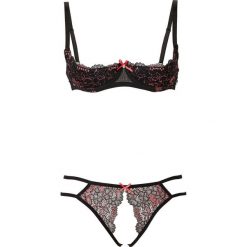 Biustonosz podnoszący biust "ouvert" + stringi (2 części) bonprix czarno-koralowy. Stringi damskie bonprix, w koronkowe wzory, z koronki. Za 74.99 zł.