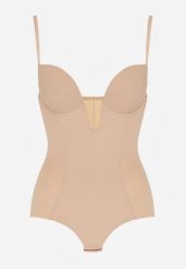 Beżowe Bieliźniane Body Modelujące z Wyciętym Dekoltem Theloria. Brązowe bielizna wyszczuplająca Born2be, l, bez wzorów. Za 59.99 zł.