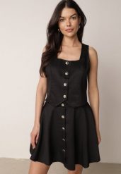 Czarny Elegancki Komplet Kamizelka i Rozkloszowana Spódnica z Guzikami Merireida. Czarne spódnice damskie Born2be, l, bez wzorów, biznesowe, proste. Za 159.99 zł.