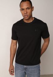 Czarny Klasyczny T-shirt z Bawełną Zdobiony Minimalistycznym Nadrukiem Bornore. Czarne t-shirty damskie Born2be, l, z aplikacjami, z bawełny, biznesowe, bez kołnierzyka. Za 49.99 zł.