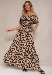Brązowa Sukienka Hiszpanka w Panterkę o Rozkloszowanym Kroju z Paskiem Calirne. Brązowe sukienki damskie Renee, na co dzień, l, bez wzorów, eleganckie, bez kołnierzyka, bez ramiączek, maxi, rozkloszowane. Za 49.99 zł.