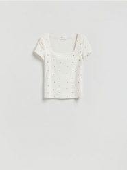 T-shirt z dekoltem karo - wielobarwny. T-shirty damskie Reserved, l, bez wzorów, z bawełny, bez kołnierzyka. Za 39.99 zł.