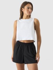4F Crop-top oversize gładki damski - biały L. Białe koszulki sportowe damskie 4f, l, bez wzorów, z bawełny, bez kołnierzyka, bez ramiączek. W wyprzedaży za 29.99 zł.