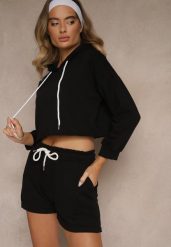Czarny Komplet Dresowy z Bawełną Szorty i Krótka Bluza z Kapturem Ralarose. Czarne bluzy damskie Renee, na lato, m, bez wzorów, z bawełny, z kapturem. Za 59.99 zł.
