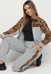 Szary Komplet Dresowy Bluza ze Stójką i Szerokie Spodnie w Panterkę Savorre. Szare bluzy damskie Born2be, l, bez wzorów, z dresówki, bez kaptura. Za 79.99 zł.