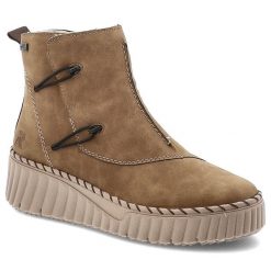 Botki damskie Rieker o sznurowanym fasonie z ocieplanym wnętrzem miękkim kołnierzem i lekką elastyczną podeszwą beżowe, L5603-60 Beige. Brązowe kozaki damskie Rieker, bez obcasa. Za 399.00 zł.