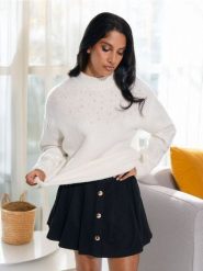 Sweter - kremowy. Białe swetry damskie Sinsay, l, bez wzorów, ze splotem, bez kołnierzyka, bez ramiączek, długie, bez kaptura. Za 69.99 zł.