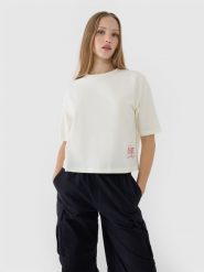 4F T-shirt oversize z nadrukiem damski - biały XS. Białe koszulki sportowe damskie 4f, xs, bez wzorów, z bawełny, klasyczne, bez kołnierzyka. W wyprzedaży za 39.99 zł.