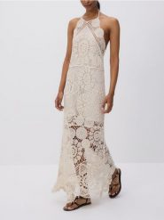 Ażurowa sukienka maxi - złamana biel. Sukienki damskie Reserved, l, w ażurowe wzory, z bawełny, bez kołnierzyka, bez ramiączek, maxi, dopasowane. Za 319.99 zł.