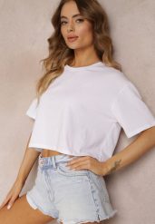 Biały T-shirt o Fasonie Cropped Oversize Brighta. Białe bluzki damskie Renee, l, bez wzorów, eleganckie, bez kołnierzyka, bez ramiączek. Za 14.99 zł.