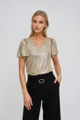 Bluzka z bufiastymi rękawami złota. Żółte bluzki damskie MOODO, l, bez wzorów, z elastanu, bez kołnierzyka, bez ramiączek. Za 89.99 zł.