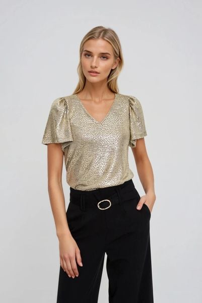 Bluzka z bufiastymi rękawami złota. Żółte bluzki damskie MOODO, l, bez wzorów, z elastanu, bez kołnierzyka. Za 89.99 zł.