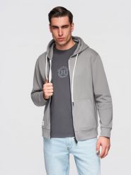 Męska bluza bawełniana dresowa BASIC rozpinana z kapturem - szara V8 - Rozmiar: L. Szare bluzy męskie Ombre Clothing, l, z aplikacjami, z bawełny, z kapturem. Za 169.99 zł.