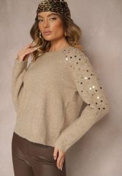 Beżowy Sweter z Bawełną i Cekinami Ceala. Brązowe swetry damskie Renee, s, z aplikacjami, z bawełny, casualowe, bez kołnierzyka, bez ramiączek, bez kaptura. Za 99.99 zł.