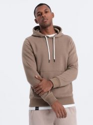 Bluza męska z kapturem nierozpinana - jasnobrązowa V8 - Rozmiar: M. Brązowe bluzy męskie Ombre Clothing, m, bez wzorów, z bawełny, z kapturem. W wyprzedaży za 29.99 zł.