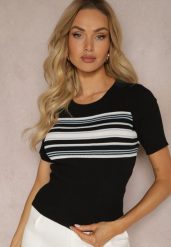Czarna Casualowa Bluzka z Nadrukiem w Paski z Prążkowanego Materiału Dniasa. Czarne bluzki damskie Renee, m, bez wzorów, z jeansu, eleganckie, bez kołnierzyka, bez ramiączek. Za 54.99 zł.