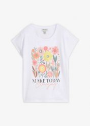 T-shirt z czystej bawełny. Białe t-shirty damskie bonprix, bez wzorów, z bawełny, bez kołnierzyka. Za 67.99 zł.
