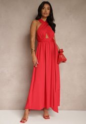 Czerwona Sukienka Koktajlowa Multiway z Wiskozą Wiązana na Szyi Lilovea. Czerwone sukienki damskie Renee, na imprezę, l, bez wzorów, z wiskozy, eleganckie, bez kołnierzyka, bez ramiączek, maxi, rozkloszowane. Za 149.99 zł.