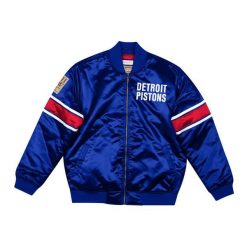 Satynowa bluza dresowa Detroit Pistons. Niebieskie bluzy sportowe męskie Mitchell & Ness, bez wzorów, z dresówki, bez kaptura, do koszykówki. Za 537.00 zł.