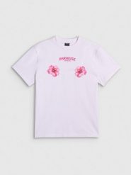 4F T-shirt loose z nadrukiem damski - biały L. Białe koszulki sportowe damskie 4f, l, bez wzorów, z bawełny, bez kołnierzyka, bez ramiączek. Za 79.99 zł.