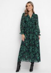 Zielono-Czarna Maxi Sukienka z Kopertowym Dekoltem w Modny Print Ceconna. Zielone sukienki damskie Born2be, m, bez wzorów, bez kołnierzyka, bez ramiączek, maxi, kopertowe. Za 159.99 zł.