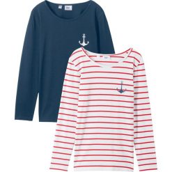 Shirt z długim rękawem (2 szt.) bonprix ciemnoniebiesko-biel wełny + czerwony w paski. Niebieskie t-shirty i topy dla dziewczynek bonprix, bez wzorów, bez ramiączek. Za 49.98 zł.