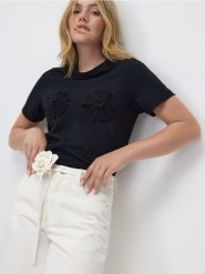 T-shirt z szydełkowanymi aplikcjami - czarny. Czarne t-shirty damskie Reserved, l, bez wzorów, z bawełny, bez kołnierzyka. W wyprzedaży za 55.99 zł.