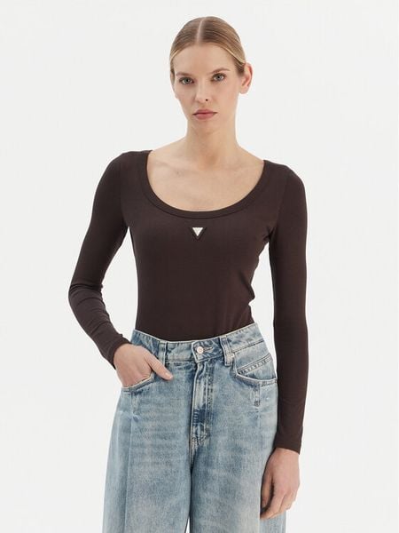 Guess Body V4YP07 J1314 Brązowy Slim Fit. Brązowe bluzki damskie Guess, m, z aplikacjami, z bawełny, bez kołnierzyka, bez ramiączek. Za 136.99 zł.