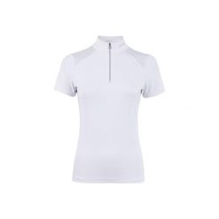 Damska koszulka polo 1/4 z zamkiem błyskawicznym Cavallo. Białe koszulki sportowe damskie CAVALLO, bez wzorów, bez kołnierzyka, bez ramiączek, do jazdy konnej. Za 367.50 zł.