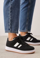 Czarno-Białe Sneakersy Basic z Paskami na Boku Adila. Czarne obuwie sportowe damskie Renee, bez wzorów, z jeansu. Za 99.99 zł.