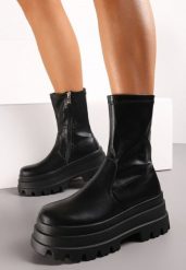 Czarne Botki na Masywnej Platformie Workery Elrora. Czarne botki damskie Born2be, eleganckie, bez obcasa, na płaskiej podeszwie, bez zapięcia. Za 199.99 zł.