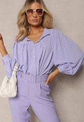 Fioletowa Koszula ze Stójką Inspirowana Stylem Retro Bubiana. Fioletowe bluzki damskie Renee, l, bez wzorów, retro, bez kołnierzyka, bez ramiączek. Za 119.99 zł.