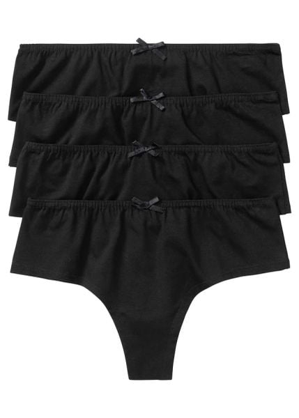 Stringi z wygodnej bawełny (4 pary). Czarne stringi damskie bonprix, bez wzorów, z bawełny. Za 54.99 zł.