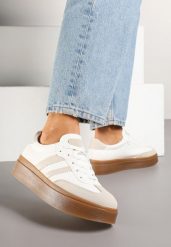 Biało-Beżowe Klasyczne Sneakersy Tenisówki na Niskiej Platformie Denirla. Białe obuwie sportowe damskie Renee, bez wzorów, z jeansu, eleganckie, bez zapięcia. Za 99.99 zł.