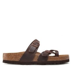 Japonki Birkenstock. Brązowe klapki damskie Birkenstock, bez wzorów, bez obcasa. Za 359.99 zł.