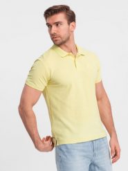 Jednokolorowa koszulka polo męska BASIC z dzianiny pique - żółta V15 - Rozmiar: M. Żółte koszulki polo męskie Ombre Clothing, m, z aplikacjami, z bawełny, bez kołnierzyka, bez ramiączek. W wyprzedaży za 79.99 zł.