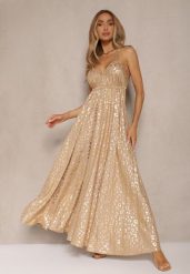 Beżowa Wiskozowa Sukienka Halter Zdobiona Metalicznym Nadrukiem w Panterkę Linaruna. Brązowe sukienki damskie Renee, na co dzień, m, z aplikacjami, z materiału, eleganckie, bez kołnierzyka, bez ramiączek, maxi, rozkloszowane. Za 89.99 zł.