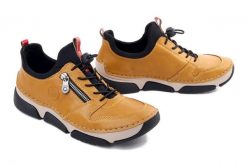 Rieker 45951-68 yellow, półbuty damskie. Żółte półbuty damskie Rieker, bez wzorów, ze skóry ekologicznej, bez obcasa, bez zapięcia. Za 379.90 zł.