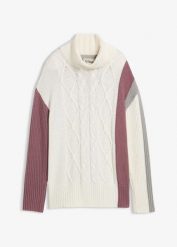 Sweter z golfem. Białe swetry damskie bonprix, bez wzorów, bez kołnierzyka, bez ramiączek, bez kaptura. Za 139.99 zł.